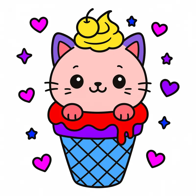 Adorable Cat Ice Cream Cone Coloring Page colored reference