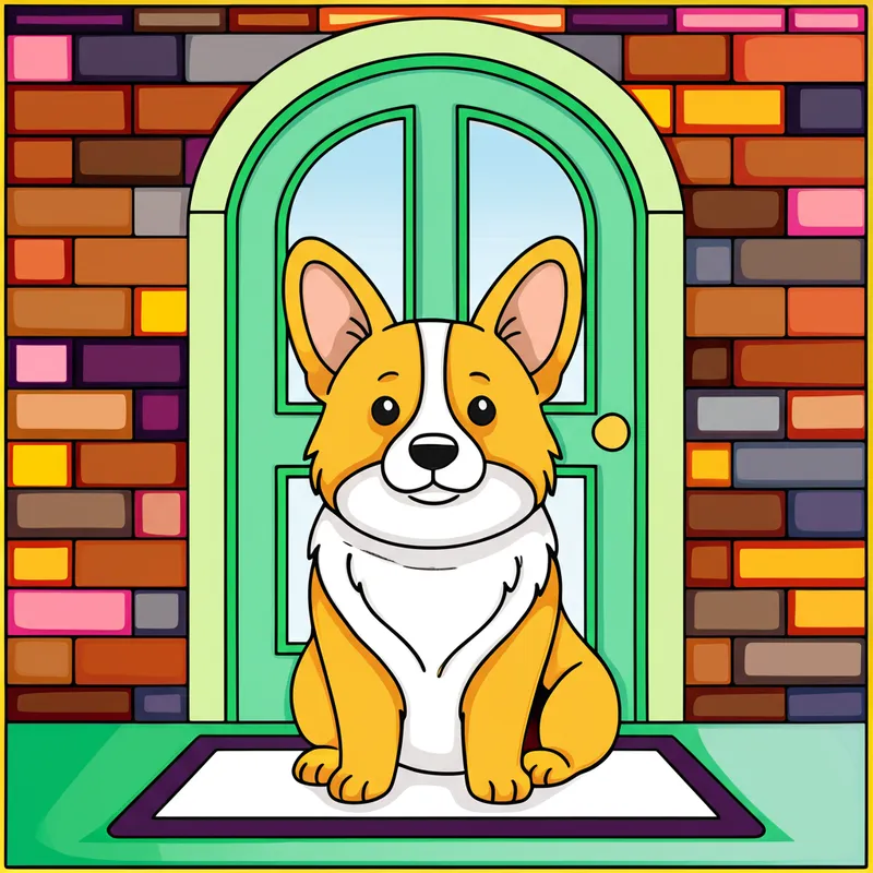 Adorable Corgi at the Door Coloring Page colored reference