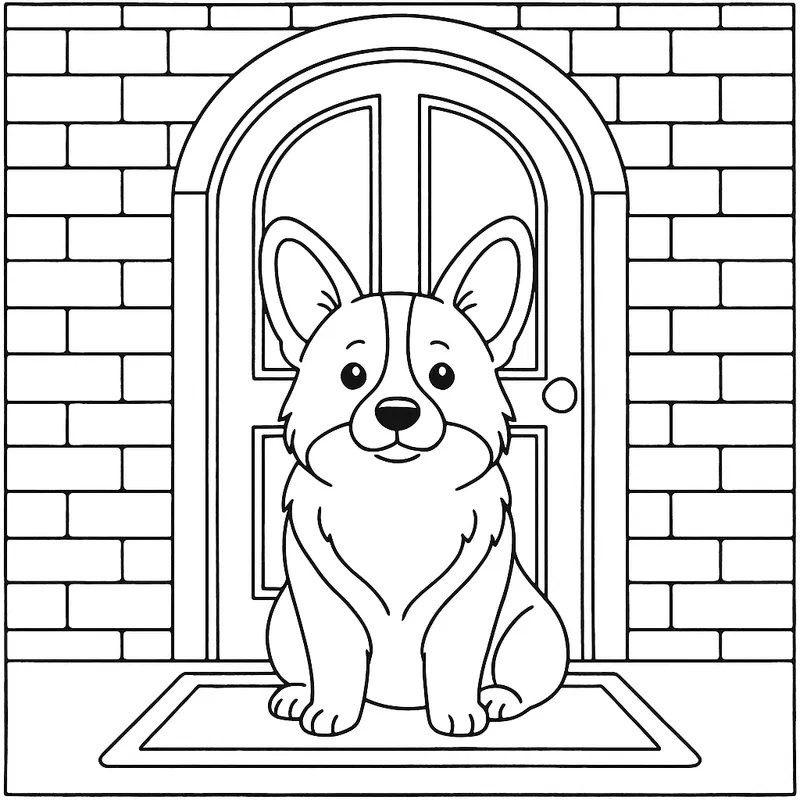 Adorable Corgi at the Door Coloring Page coloring page