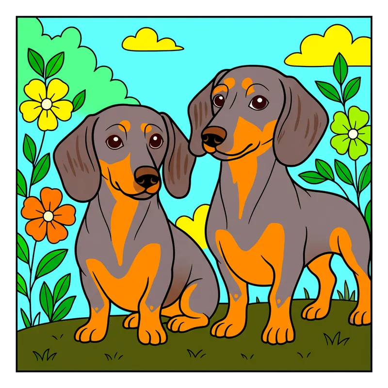 Adorable Dachshund Duo Coloring Page colored reference