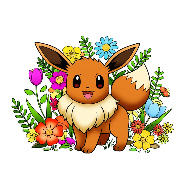 Adorable Eevee in Flowers Coloring Page colored reference