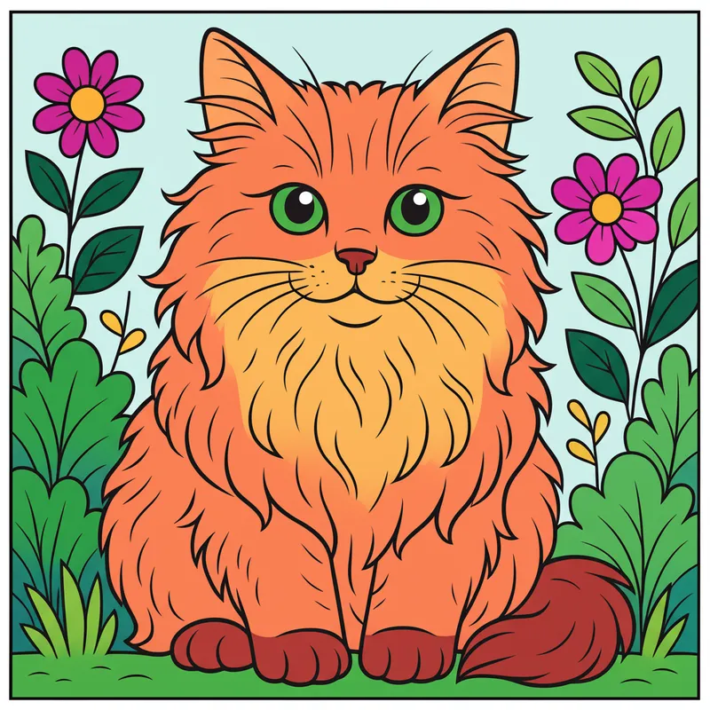 Adorable Fluffy Cat in Flower Garden Coloring Page colored reference