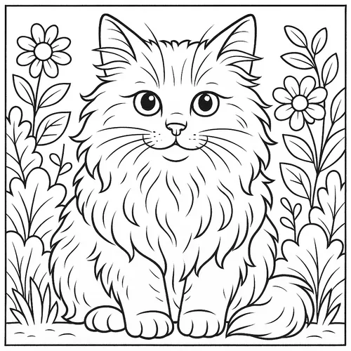 Adorable Fluffy Cat in Flower Garden Coloring Page coloring page
