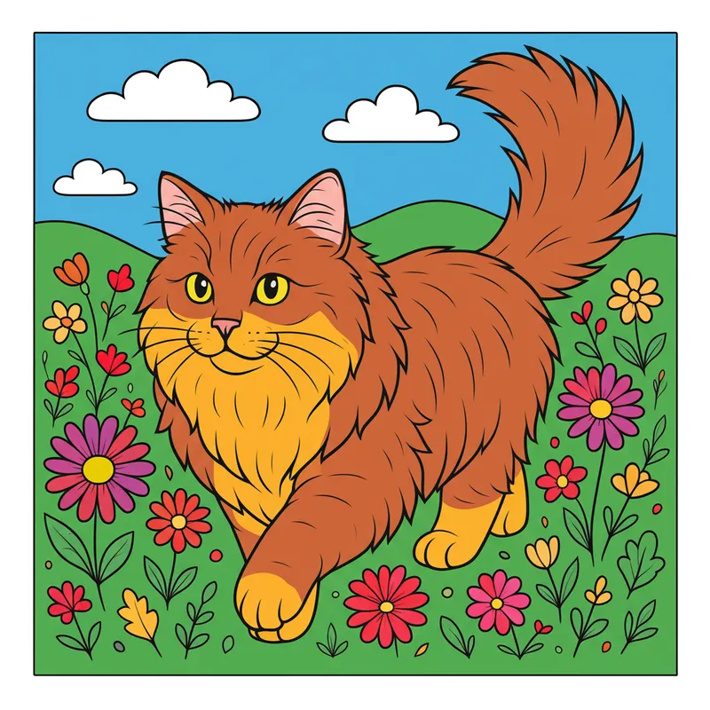 Adorable Fluffy Cat in Flower Meadow Coloring Page colored reference