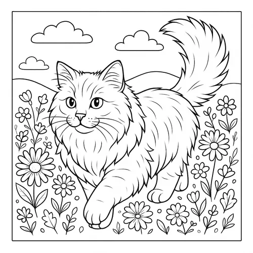 Adorable Fluffy Cat in Flower Meadow Coloring Page coloring page