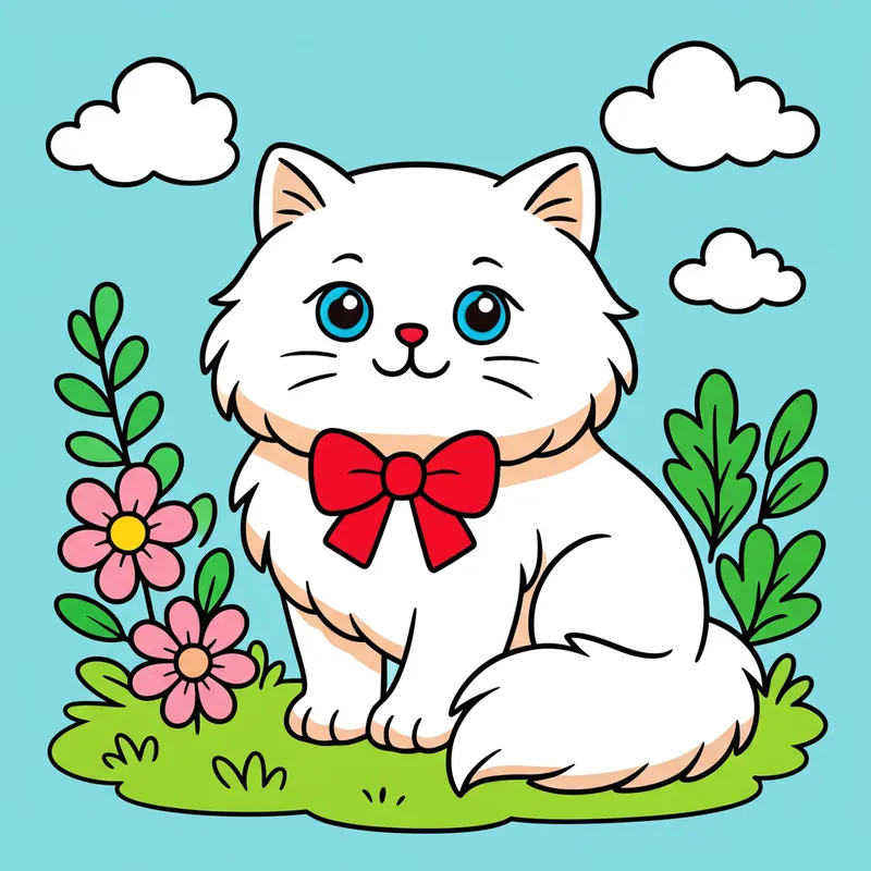 Adorable Fluffy Cat in Garden Coloring Page colored reference