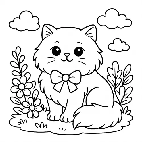 Adorable Fluffy Cat in Garden Coloring Page coloring page