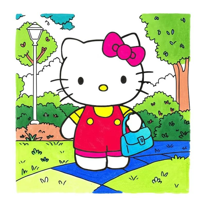 Adorable Hello Kitty Park Adventure Coloring Page colored reference