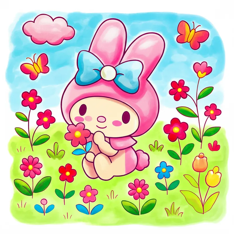 Adorable My Melody in Flower Garden Coloring Page colored reference