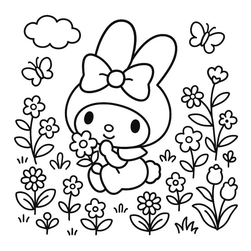 Adorable My Melody in Flower Garden Coloring Page coloring page