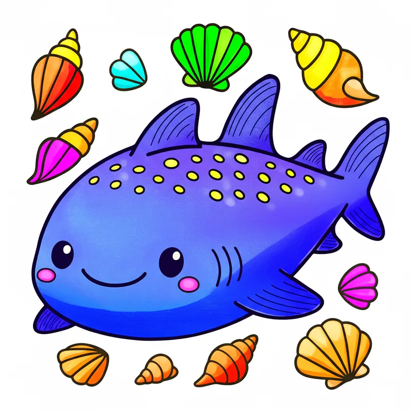 Adorable Shark and Seashells Coloring Page colored reference