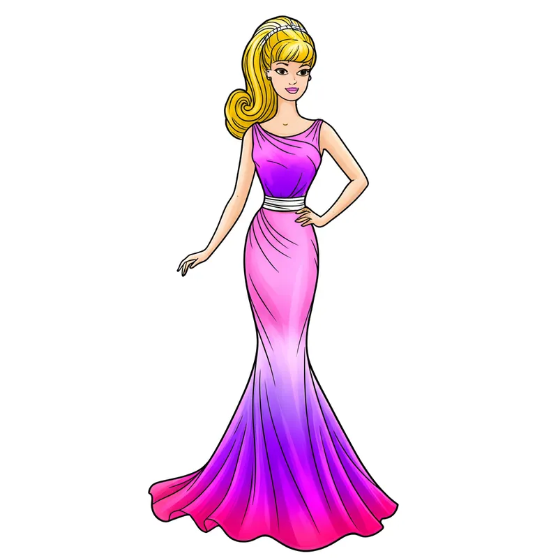 Elegant Barbie Evening Gown Coloring Page colored reference