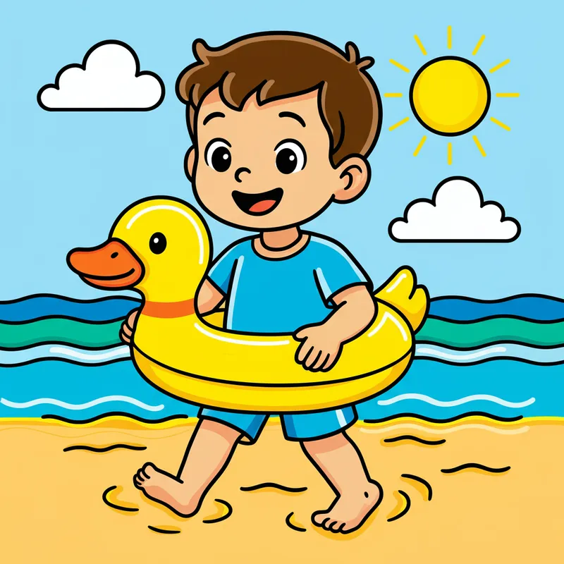 Beach Day Boy with Duck Floatie Coloring Page colored reference
