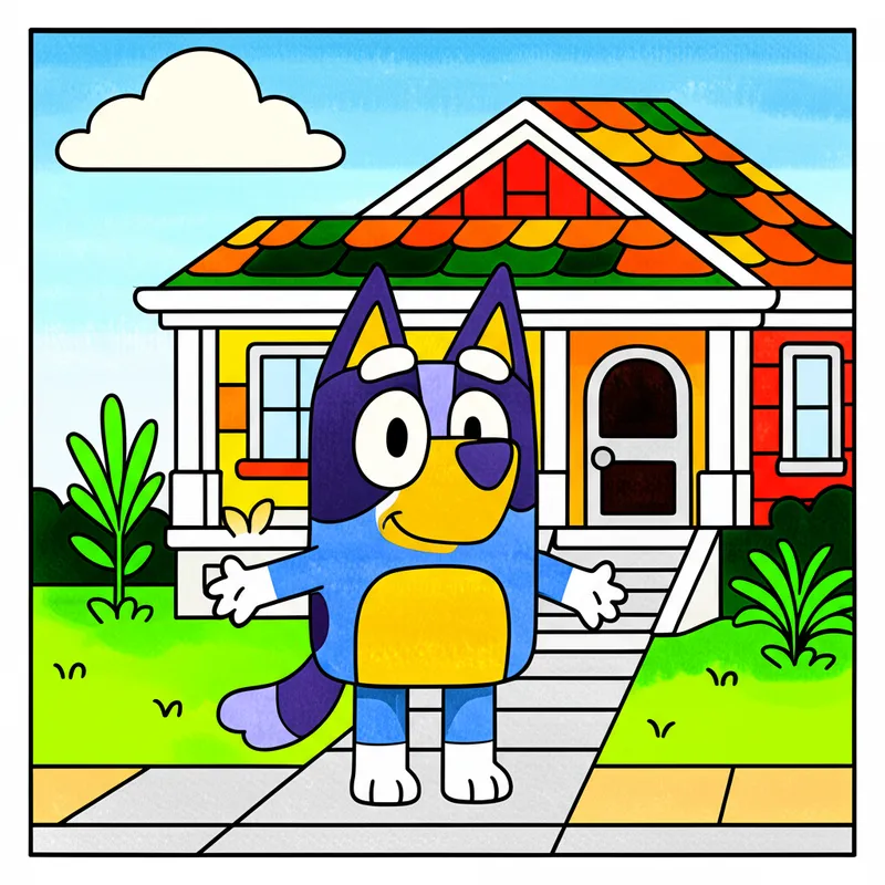 Bluey and Her House Coloring Page colored reference