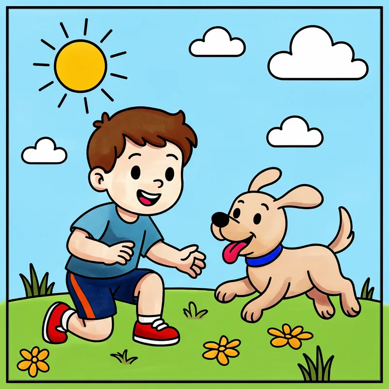 Boy Playing with Puppy Coloring Page colored reference
