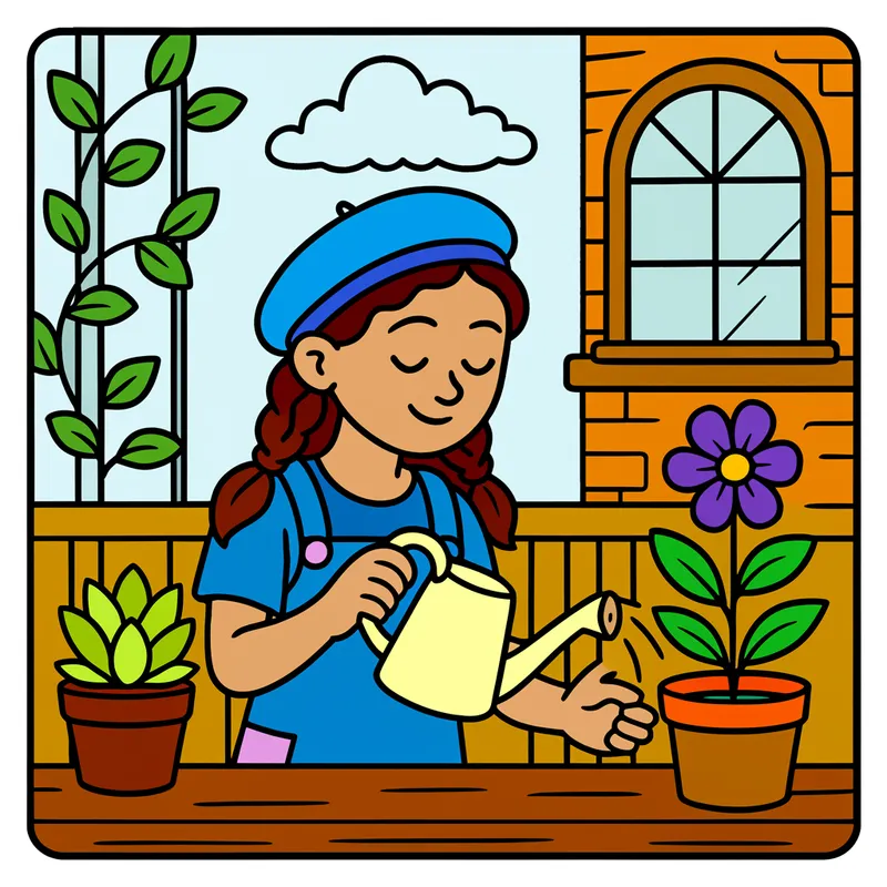 Charming Balcony Gardener Coloring Page colored reference