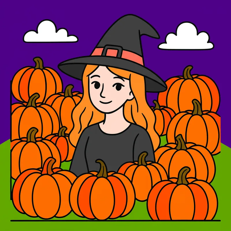 Charming Witch in Pumpkin Patch Coloring Page colored reference