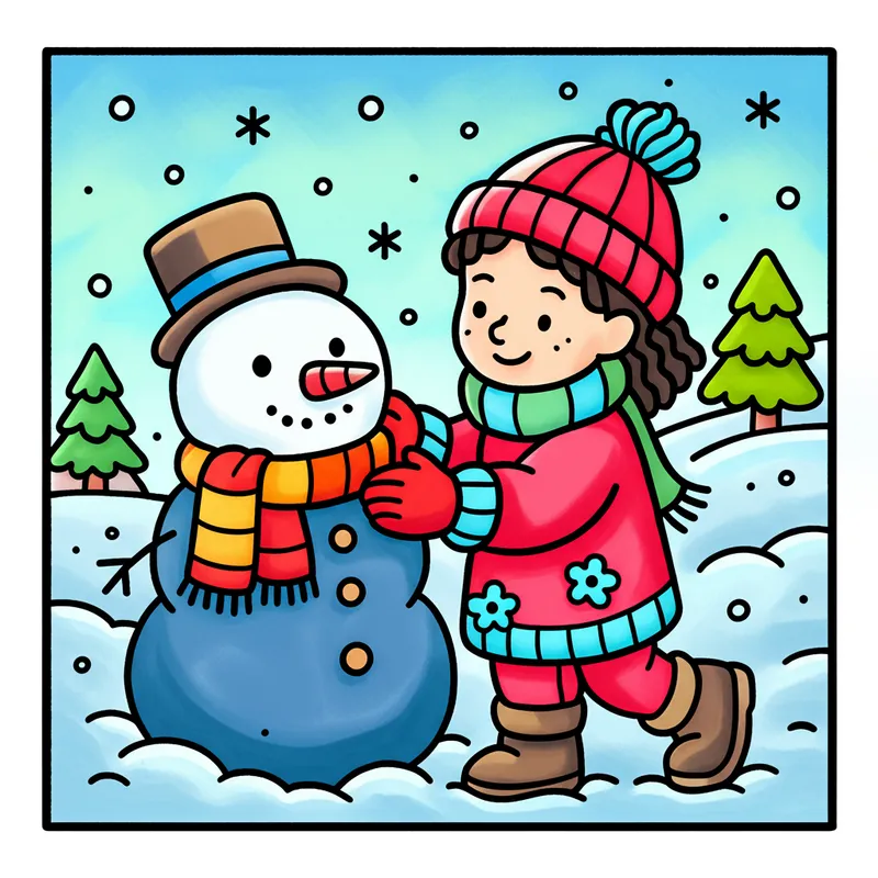 Joyful Child Building Snowman Coloring Page colored reference