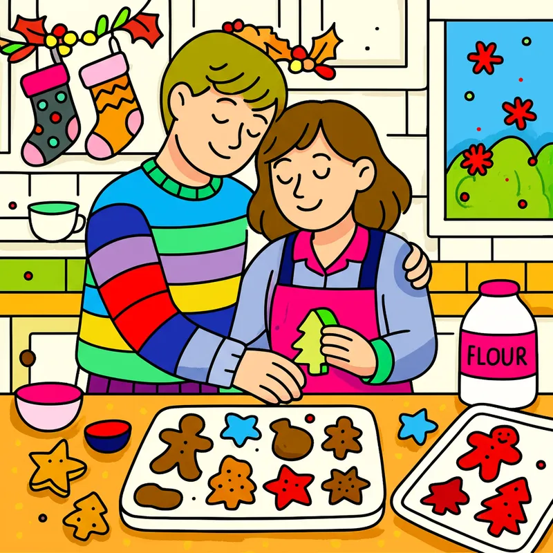 Couple Baking Christmas Cookies Coloring Page colored reference
