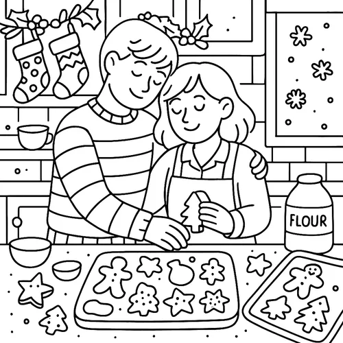 Couple Baking Christmas Cookies Coloring Page coloring page