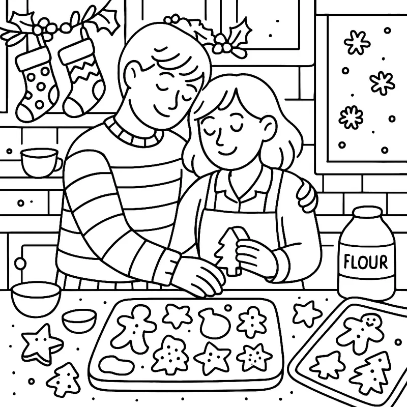 Couple Baking Christmas Cookies Coloring Page coloring page