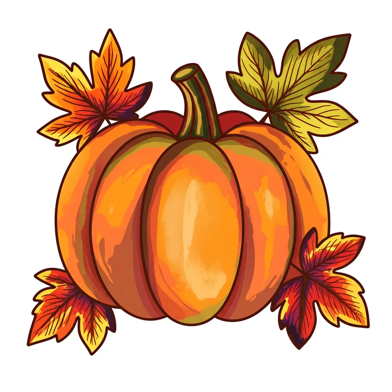 Classic Pumpkin with Leaves Coloring Page colored reference