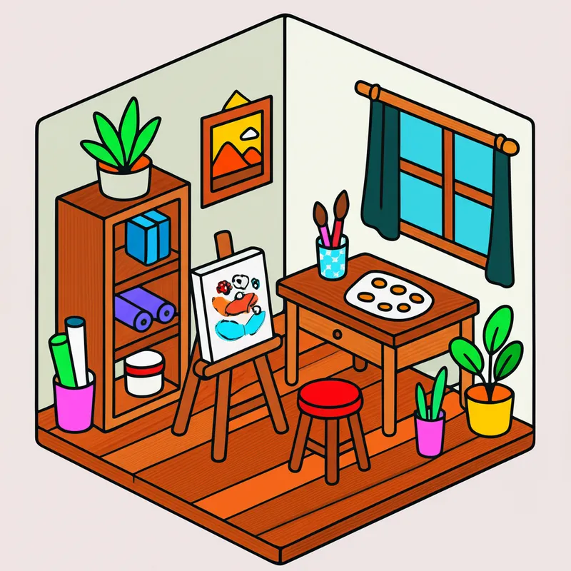 Cozy Artist's Studio Isometric Coloring Page colored reference