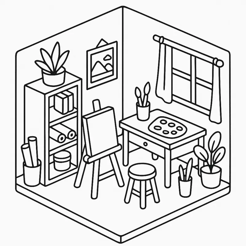 Cozy Artist's Studio Isometric Coloring Page coloring page