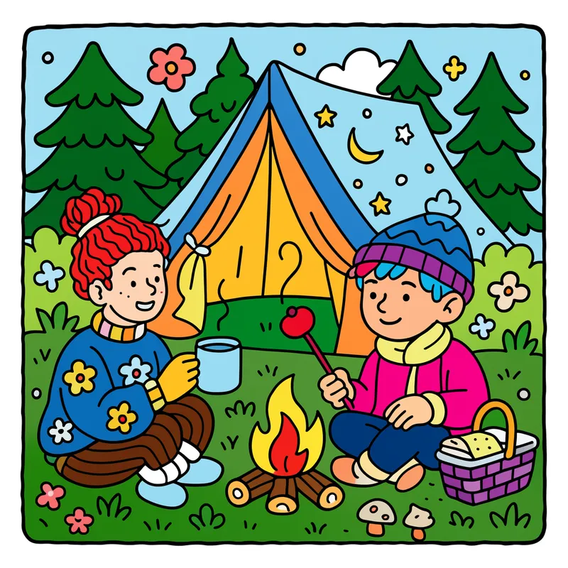 Cozy Campfire Friends Coloring Page colored reference