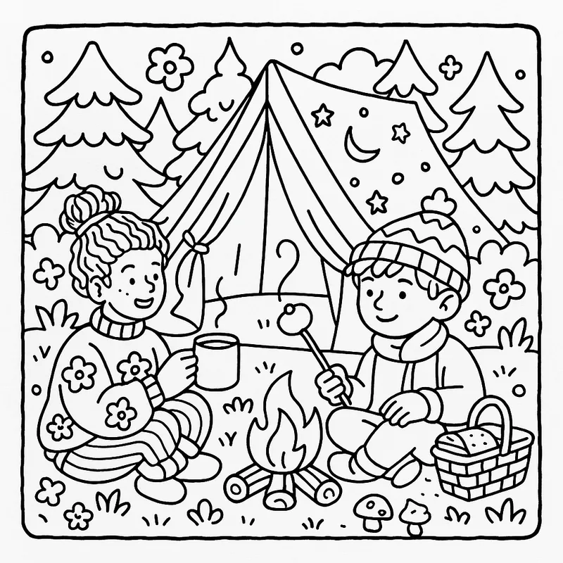 Cozy Campfire Friends Coloring Page coloring page