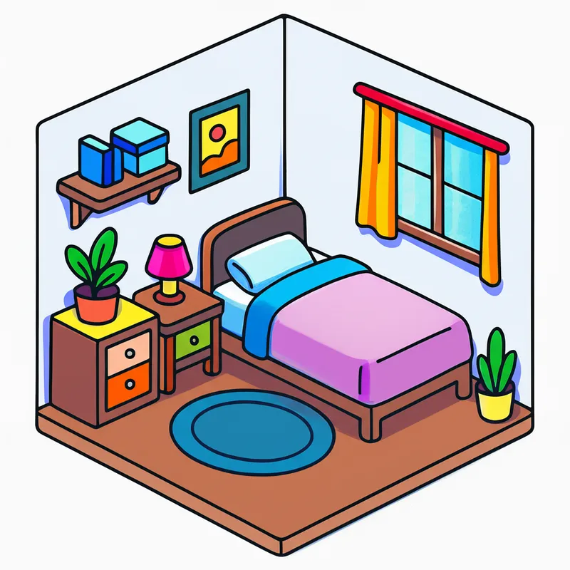 Cozy Isometric Bedroom Getaway Coloring Page colored reference