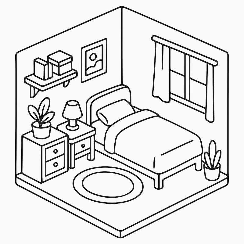 Cozy Isometric Bedroom Getaway Coloring Page coloring page