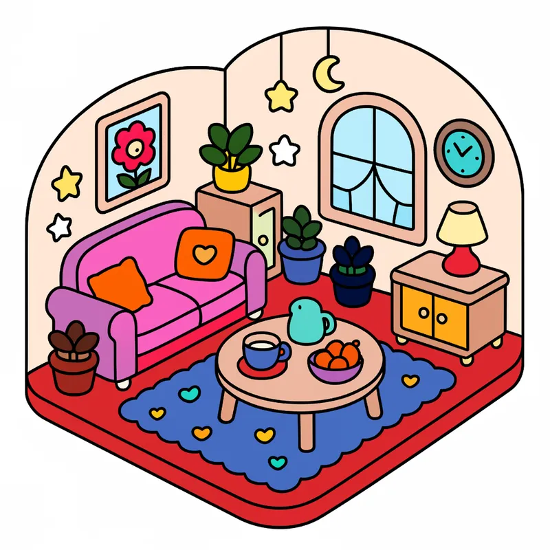 Cozy Kawaii Living Room Coloring Page colored reference