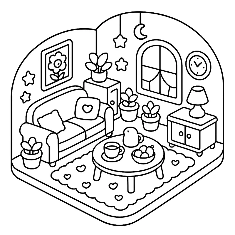 Cozy Kawaii Living Room Coloring Page coloring page