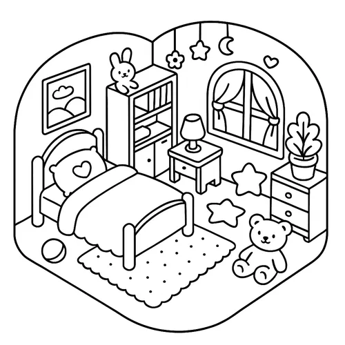 Cozy Kids Bedroom Isometric Coloring Page coloring page