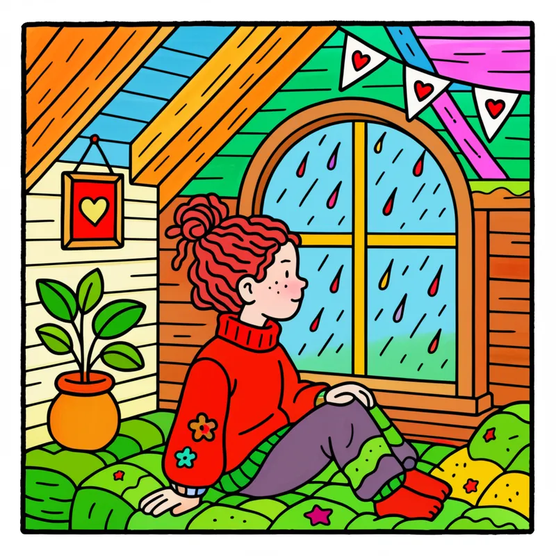 Cozy Rainy Day Window Scene Coloring Page colored reference