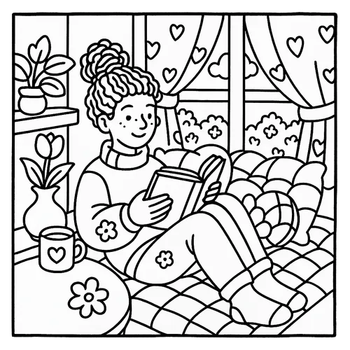 Cozy Reading Nook Coloring Page coloring page