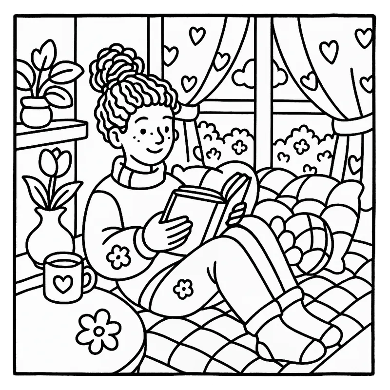 Cozy Reading Nook Coloring Page coloring page