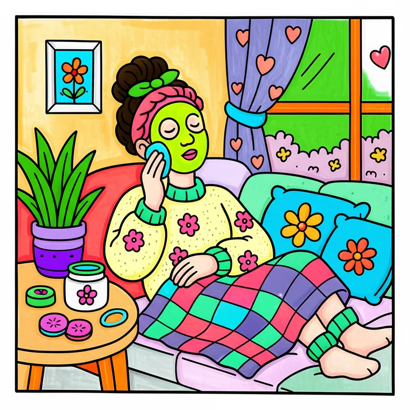 Cozy Self-Care Retreat Coloring Page colored reference