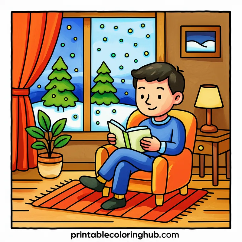 Cozy Winter Reading Nook Coloring Page colored reference