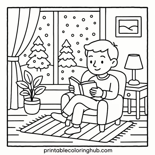 Cozy Winter Reading Nook Coloring Page coloring page