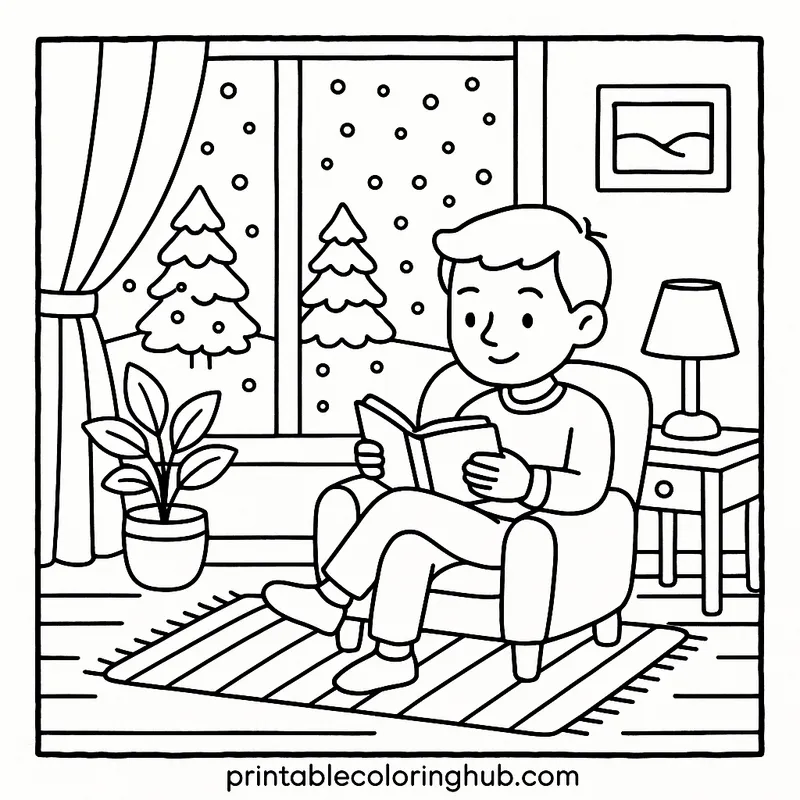 Cozy Winter Reading Nook Coloring Page coloring page
