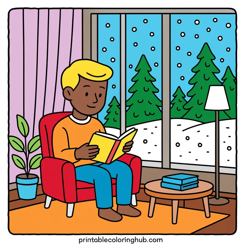 Cozy Winter Reading Scene Coloring Page colored reference