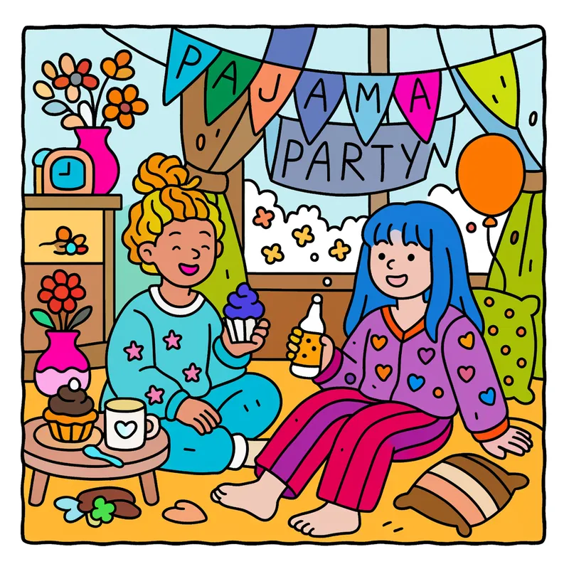 Cozy Pajama Party Friends Coloring Page colored reference