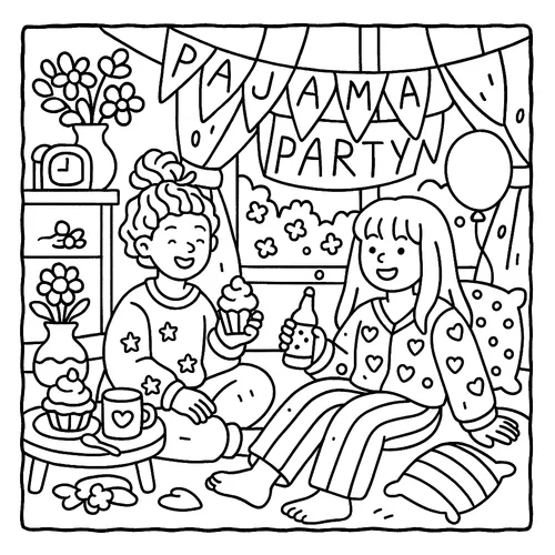 Cozy Pajama Party Friends Coloring Page coloring page