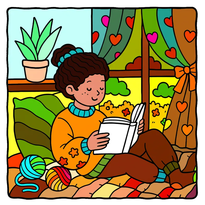 Cozy Reader by the Window Coloring Page colored reference