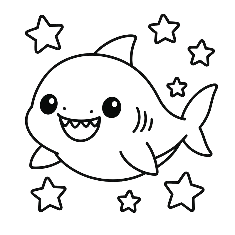Cute Chibi Shark and Stars Coloring Page coloring page