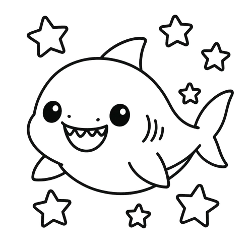 Cute Chibi Shark and Stars Coloring Page coloring page