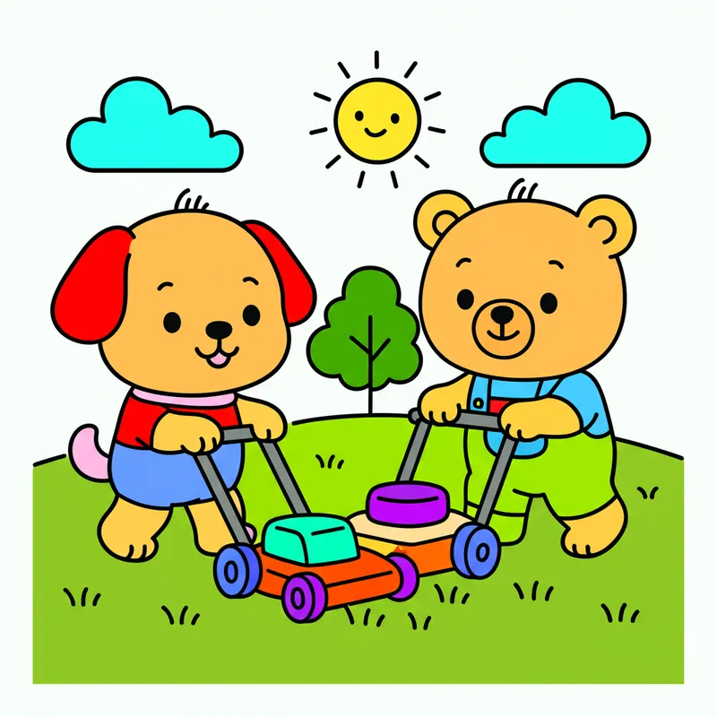 Cute Dog and Bear Mowing Lawn Coloring Page colored reference