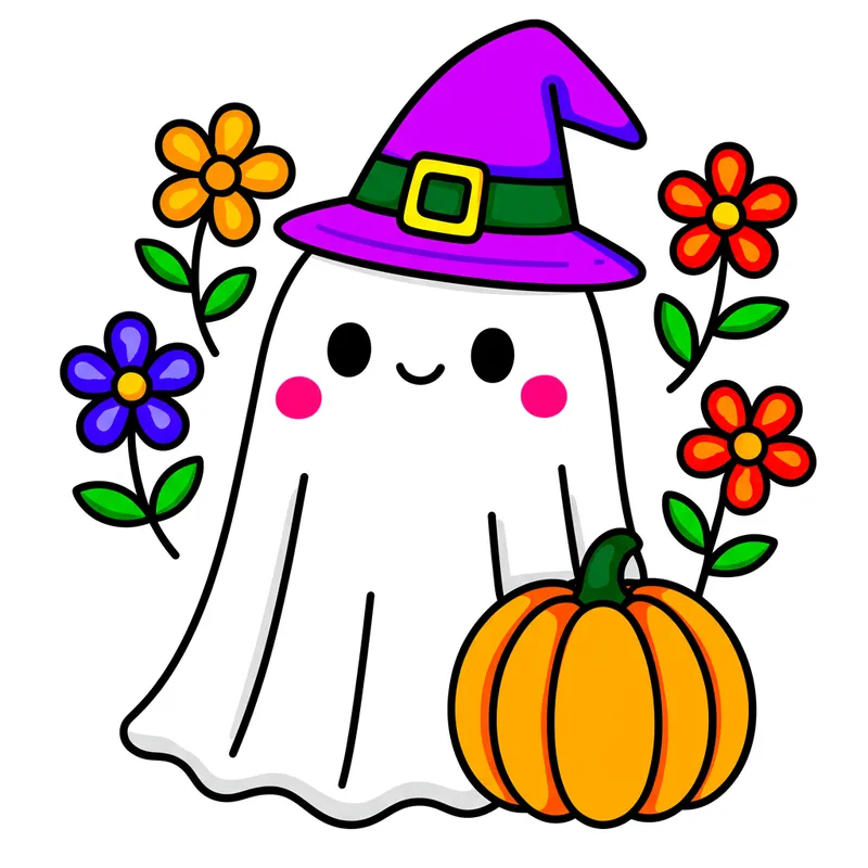 Cute Ghost Witch with Pumpkin Coloring Page colored reference